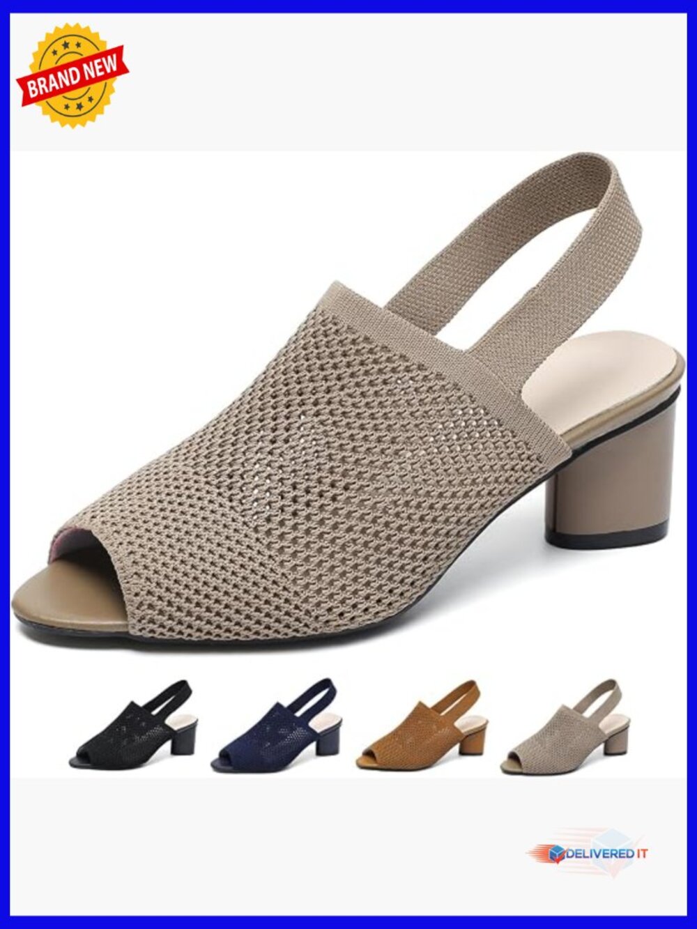 Knit Peep Toe Chunky Block Heeled Sandals with Ankle Strap
